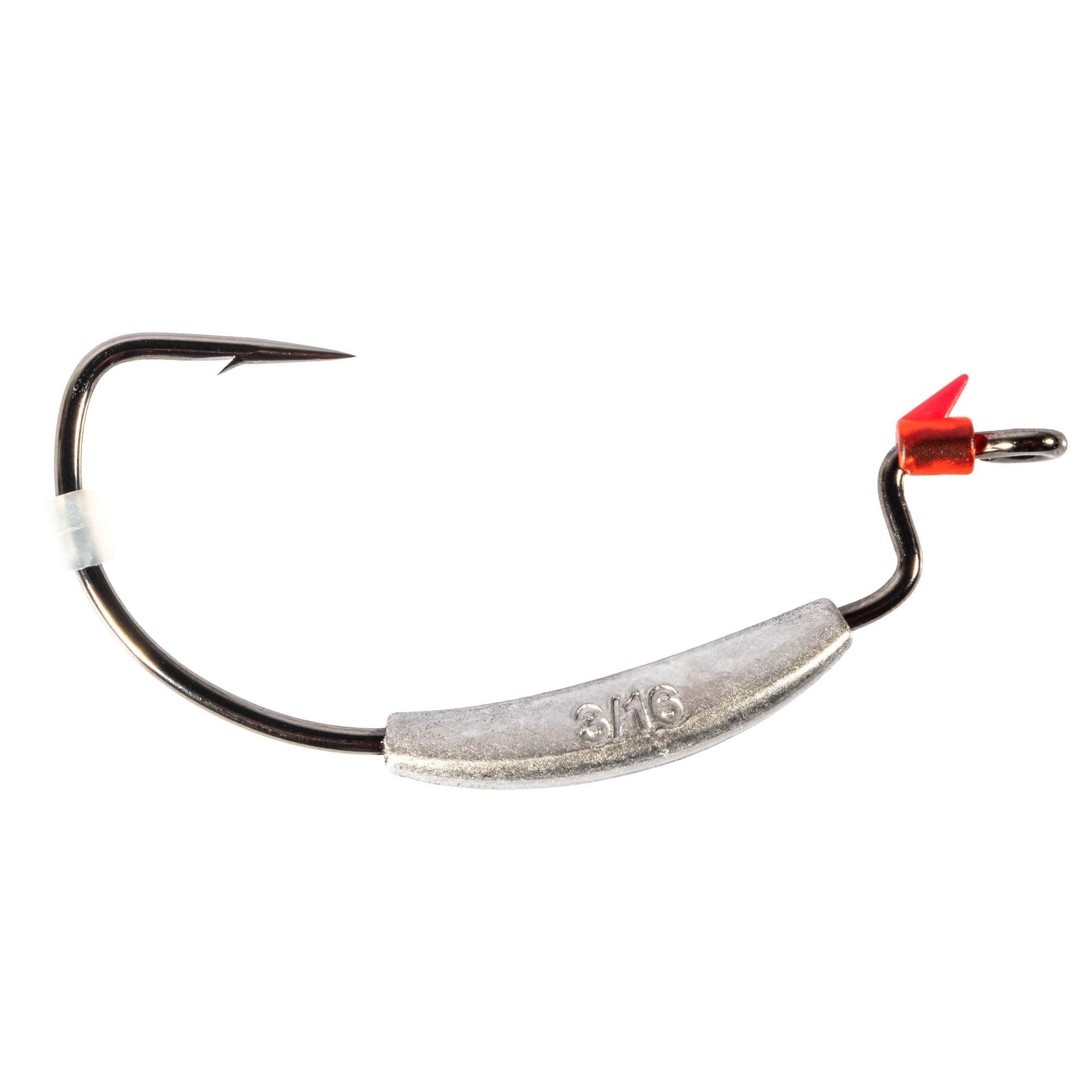 Weighted swimbait hook with black hook, silver weight insert, red attachment clip