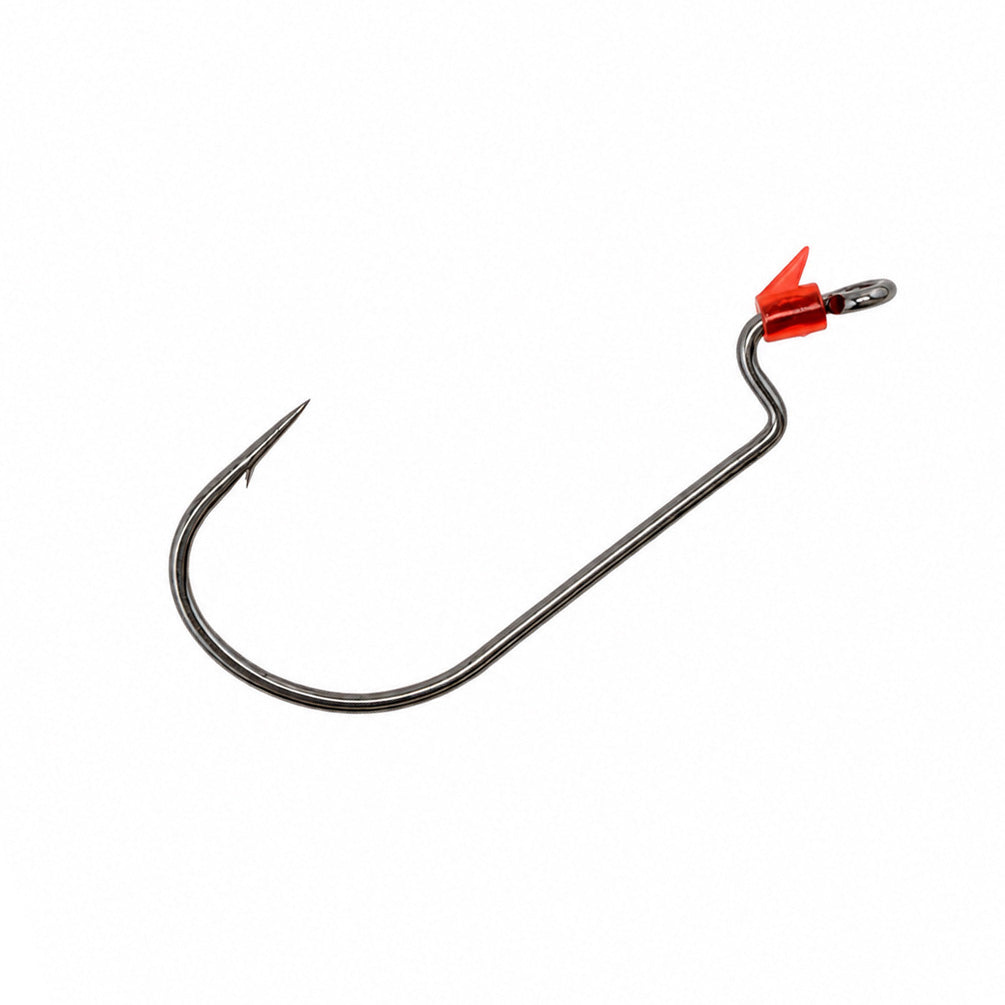 Metal worm hook with red bait keeper clip and barbed point, curved shank