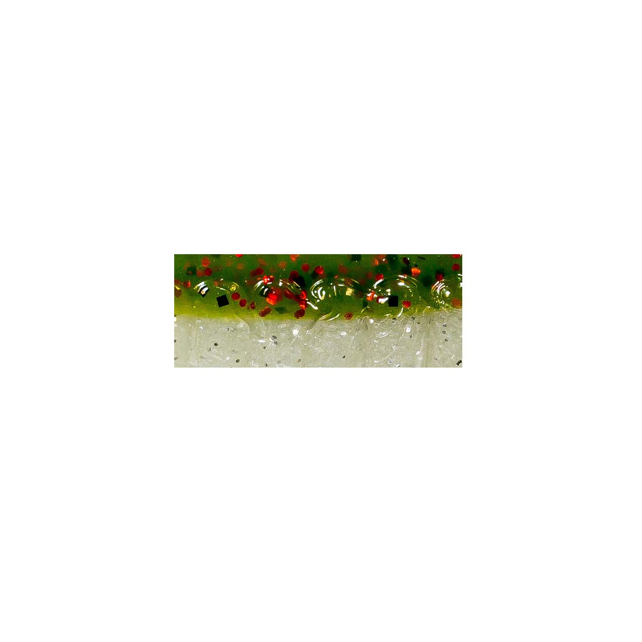 Glitter fishing lure body with green-red speckles and clear segmented texture