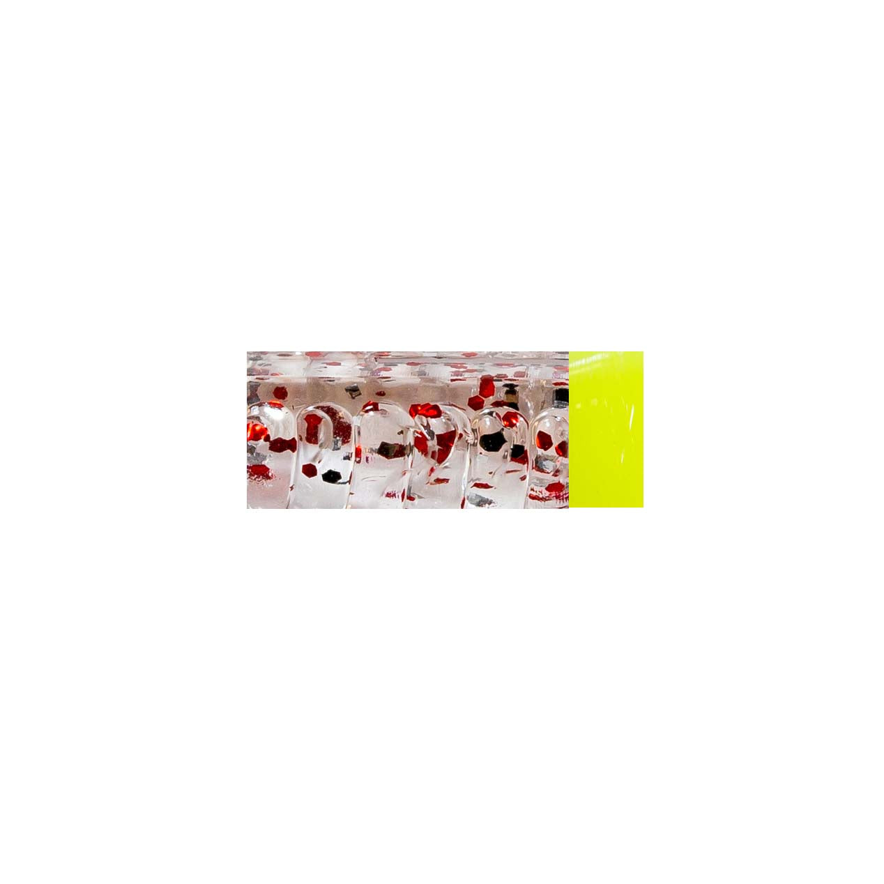 Red-speckled clear fishing lure with bright yellow tail section